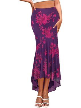 Women's Purple Floral Fabric Bodycon Fishtail Elastic Low Hem Long Maxi Skirt